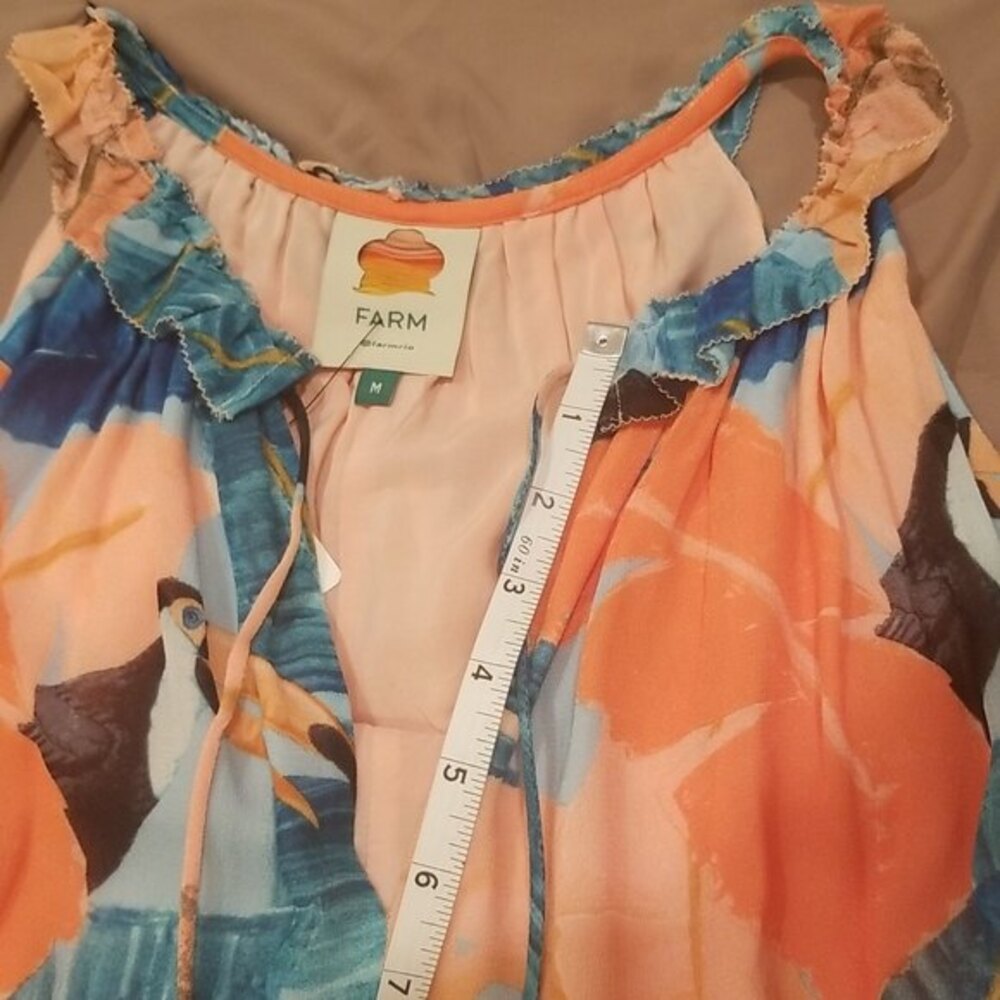 FARM Rio Brazil Orange Peach Blue Beaded Tassel Toucan Mini Dress Tropical, M - Picture 9 of 14